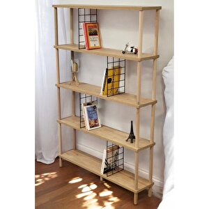 5 Raflı Modern Dekoratif Geniş Kitaplık Klasörlük Çok Amaçlı Düzenleyici Raf Safir Meşe
