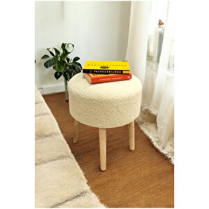 Ahşap Ayaklı Peluş Puf - Handmade Sandalye Oval Retro Bench Krem