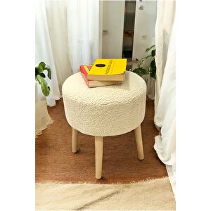 Ahşap Ayaklı Peluş Puf - Handmade Sandalye Oval Retro Bench Krem