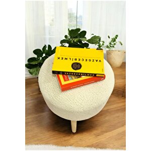 Ahşap Ayaklı Peluş Puf - Handmade Sandalye Oval Retro Bench Krem