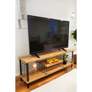 Çevir Kur Tv Sehpası Raflı Televizyon Ünitesi Ahşap Ayaklı Metal Bölmeli Çam