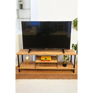 Çevir Kur Tv Sehpası Raflı Televizyon Ünitesi Ahşap Ayaklı Metal Bölmeli
