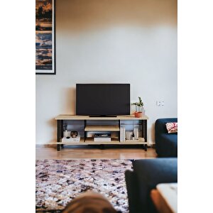 Çevir Kur Tv Sehpası Raflı Televizyon Ünitesi Ahşap Ayaklı Metal Bölmeli Safir Meşe