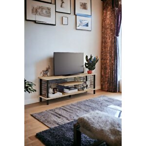 Çevir Kur Tv Sehpası Raflı Televizyon Ünitesi Ahşap Ayaklı Metal Bölmeli Safir Meşe