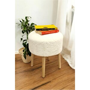 Ahşap Ayaklı Peluş Puf - Handmade Sandalye Oval Retro Bench Beyaz