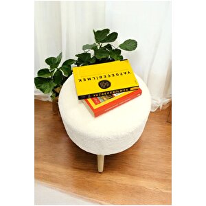 Ahşap Ayaklı Peluş Puf - Handmade Sandalye Oval Retro Bench Beyaz