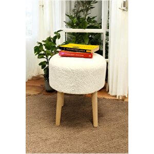 Ahşap Ayaklı Peluş Puf - Handmade Sandalye Oval Retro Bench Beyaz