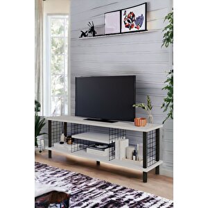 Çevir Kur Tv Sehpası Raflı Televizyon Ünitesi Ahşap Ayaklı Metal Bölmeli