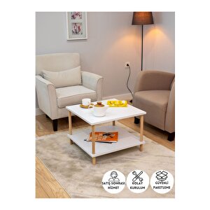 Kare Orta Sehpa Ahşap Ayaklı Sehpa Iki Raflı Sehpa Dekoratif Sehpa Gazetelikli - Beyaz - 60cm X 60cm Beyaz