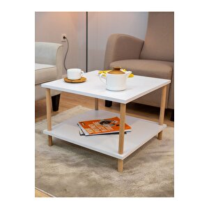 Kare Orta Sehpa Ahşap Ayaklı Sehpa Iki Raflı Sehpa Dekoratif Sehpa Gazetelikli - Beyaz - 60cm X 60cm Beyaz