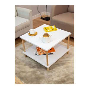 Kare Orta Sehpa Ahşap Ayaklı Sehpa Iki Raflı Sehpa Dekoratif Sehpa Gazetelikli - Beyaz - 60cm X 60cm Beyaz