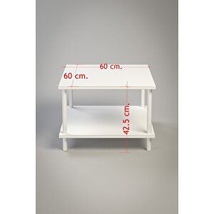 Kare Orta Sehpa Ahşap Ayaklı Sehpa Iki Raflı Sehpa Dekoratif Sehpa Gazetelikli - Beyaz - 60cm X 60cm