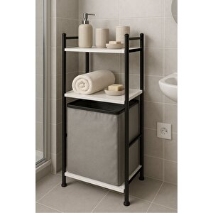 2 Raflı Çamaşır Sepeti Banyo Düzenleyici Raf Kirli Sepeti Beyaz