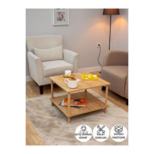 Kare Orta Sehpa Ahşap Ayaklı Sehpa Iki Raflı Sehpa Dekoratif Sehpa Gazetelikli - Safir Meşe-60x60 Safir Meşe