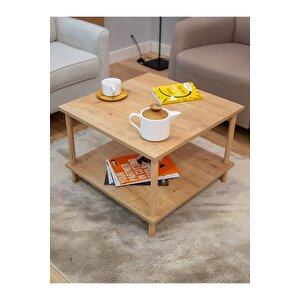 Kare Orta Sehpa Ahşap Ayaklı Sehpa Iki Raflı Sehpa Dekoratif Sehpa Gazetelikli - Safir Meşe-60x60 Safir Meşe