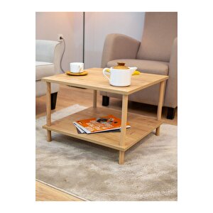 Kare Orta Sehpa Ahşap Ayaklı Sehpa Iki Raflı Sehpa Dekoratif Sehpa Gazetelikli - Safir Meşe-60x60 Safir Meşe