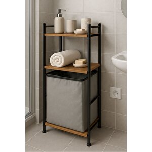 2 Raflı Çamaşır Sepeti Banyo Düzenleyici Raf Kirli Sepeti Çam