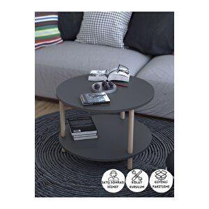 Yuvarlak Orta Sehpa Ahşap Ayaklı Sehpa Iki Raflı Sehpa Dekoratif Sehpa Gazetelikli - Antrasit - 60cm Antrasit