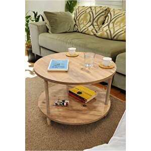 Yuvarlak Orta Sehpa Ahşap Ayaklı Sehpa Iki Raflı Sehpa Dekoratif Sehpa Gazetelikli - Çam -60cm Çam