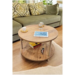 Yuvarlak Orta Sehpa Ahşap Ayaklı Sehpa Iki Raflı Sehpa Dekoratif Sehpa Gazetelikli - Çam -60cm Çam