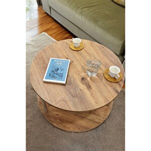 Yuvarlak Orta Sehpa Ahşap Ayaklı Sehpa Iki Raflı Sehpa Dekoratif Sehpa Gazetelikli - Çam -60cm