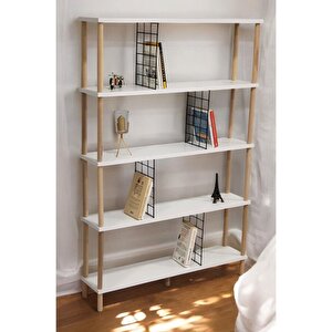 5 Raflı Modern Dekoratif Geniş Kitaplık Klasörlük Çok Amaçlı Düzenleyici Raf Beyaz