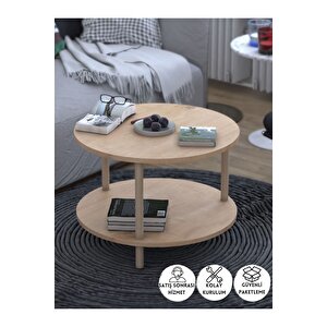 Yuvarlak Orta Sehpa Ahşap Ayaklı Sehpa Iki Raflı Sehpa Dekoratif Sehpa Gazetelikli-safir Meşe-60cm Safir Meşe