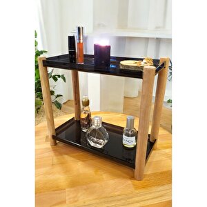 2 Raflı Dekoratif Ahşap Ayaklı Pleksi Organizer – Makyaj & Takı Düzenleyici Stant Füme