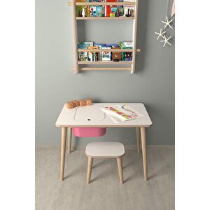 Çocuk Oyun Ve Aktivite Masası - 1 Tabure - Pembe Sepetli Beyaz-Pembe
