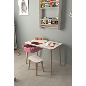 Çocuk Oyun Ve Aktivite Masası - 1 Tabure - Pembe Sepetli Beyaz-Pembe