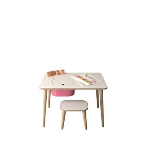 Çocuk Oyun Ve Aktivite Masası - 1 Tabure - Pembe Sepetli
