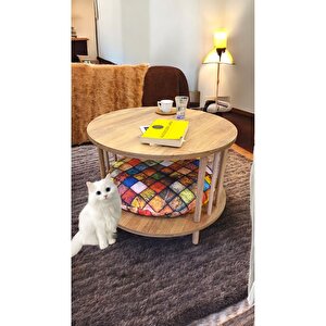 Kedi Köpek Yuvalı Yuvarlak Orta Sehpa Ahşap Ayaklı Sehpa Iki Raflı Sehpa Dekoratif Sehpa Gazetelikli Çam
