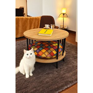 Çevir Kur Kedi Yuvalı Yuvarlak Orta Sehpa Ahşap Ayaklı Iki Raflı Dekoratif Sehpa