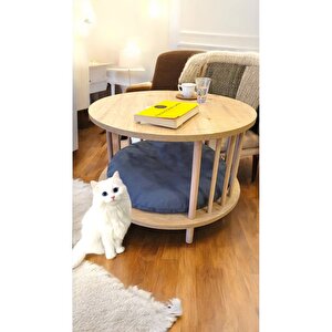Kedi Köpek Yuvalı Yuvarlak Orta Sehpa Ahşap Ayaklı Sehpa Iki Raflı Sehpa Dekoratif Sehpa Gazetelikli Gri Meşe