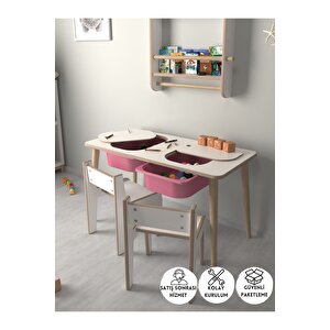 Çocuk Oyun Ve Aktivite Masası - 2 Sandalye - Pembe Sepetli Beyaz-Pembe