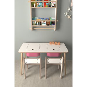 Çocuk Oyun Ve Aktivite Masası - 2 Sandalye - Pembe Sepetli Beyaz-Pembe