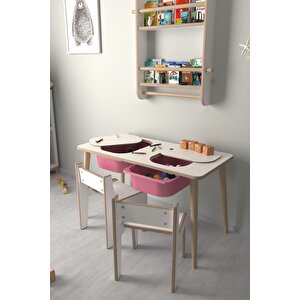 Çocuk Oyun Ve Aktivite Masası - 2 Sandalye - Pembe Sepetli Beyaz-Pembe