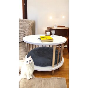 Kedi Köpek Yuvalı Yuvarlak Orta Sehpa Ahşap Ayaklı Sehpa Iki Raflı Sehpa Dekoratif Sehpa Gazetelikli Beyaz Gri