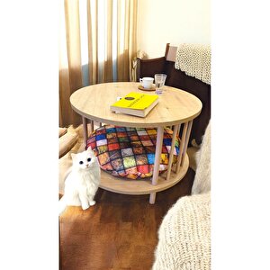 Kedi Köpek Yuvalı Yuvarlak Orta Sehpa Ahşap Ayaklı Sehpa Iki Raflı Sehpa Dekoratif Sehpa Gazetelikli Meşe