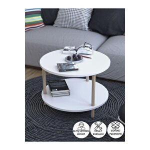 Yuvarlak Orta Sehpa Ahşap Ayaklı Sehpa Iki Raflı Sehpa Dekoratif Sehpa Gazetelikli - Beyaz - 60cm Beyaz