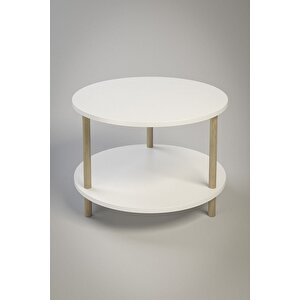Yuvarlak Orta Sehpa Ahşap Ayaklı Sehpa Iki Raflı Sehpa Dekoratif Sehpa Gazetelikli - Beyaz - 60cm Beyaz