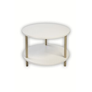 Yuvarlak Orta Sehpa Ahşap Ayaklı Sehpa Iki Raflı Sehpa Dekoratif Sehpa Gazetelikli - Beyaz - 60cm