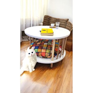 Kedi Köpek Yuvalı Yuvarlak Orta Sehpa Ahşap Ayaklı Sehpa Iki Raflı Sehpa Dekoratif Sehpa Gazetelikli Beyaz