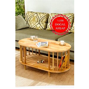 Lüx Natural Ahşap Orta Sehpa Ahşap Sehpa Iki Raflı Sehpa Dekoratif Sehpa Gazetelikli