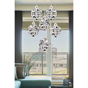 Luxury Avize Kristal Taşlı Sarkıt Avize Krom Gövde Led Avize Beşli Sarkıt
