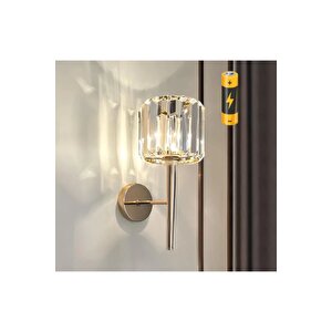 Modern Kristal Taşlı Kablosuz Pilli Aplik Aç Kapa Butonlu Gold Sarı