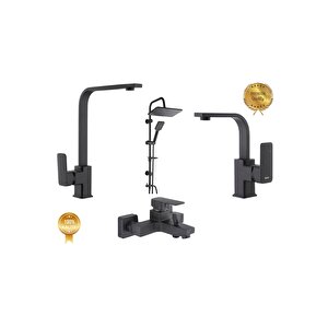 Kare Siera Üçlü Set Siyah (banyo-lavabo-evye) Duş Seti