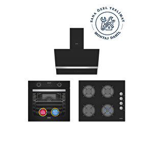 ✨simfer 3'lü Ankastre Set - 73l Power Turbo Fırın + Silver Cam Ocak + Push Button Silver Cam Davlumbaz