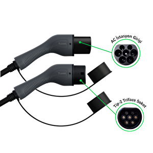 Tip-2 Şarj Kablosu 22 kW / 32A / 5m Kablolu / 380V AC / Taşıma Çantası Hediyeli