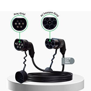 Tip-2 Şarj Kablosu 22 Kw / 32a / 3m Kablolu / 380v Ac / Taşıma Çantası Hediyeli